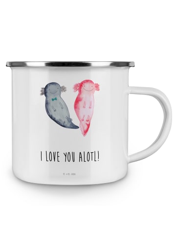 Mr. & Mrs. Panda Camping Emaille Tasse Axolotl Liebe mit Spruch in Weiß