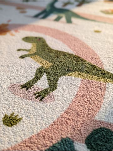 KADIMA DESIGN Kinderteppich Dinosaurier-Landschaft Waschbar TINO OEKO-TEX in Creme