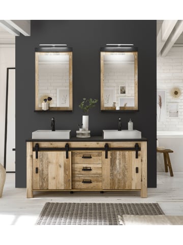 Furn.Design Badmöbel-Set Used Wood hell, anthrazit, Doppelwaschtisch mit Waschbecken