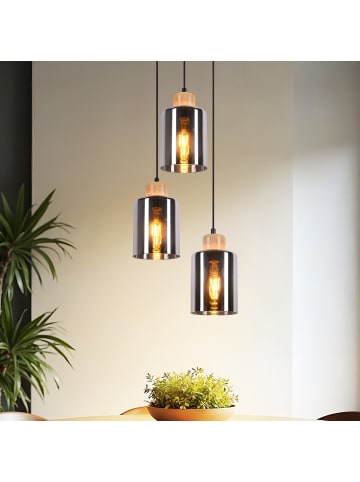 ZMH Pendelleuchte 3-flammige E27 in rauchgrau Holz und Glas rund Vintage