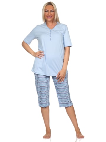 NORMANN Kurzarm Capri Schlafanzug Pyjama Ethnolook in blau