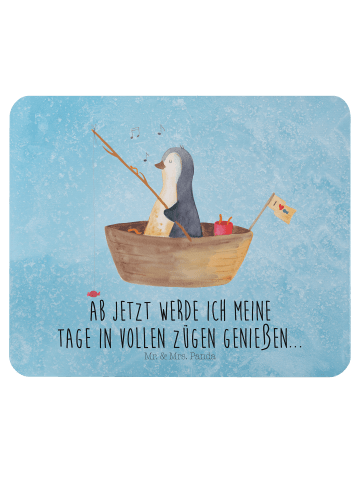Mr. & Mrs. Panda Mauspad Pinguin Angelboot mit Spruch in Eisblau