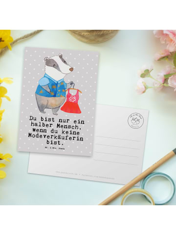 Mr. & Mrs. Panda Postkarte Modeverkäuferin Herz mit Spruch in Grau Pastell