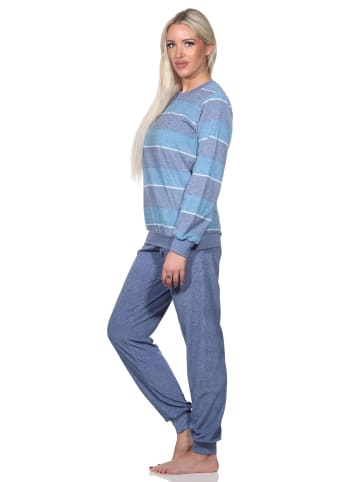 NORMANN Frottee Schlafanzug Bündchen Streifen - 81771 in blau