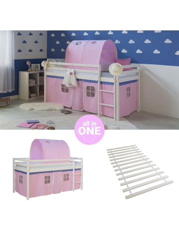 Homestyle4u Hochbett 90x200 mit Vorhang, Lattenrost und Tunnel in Weiß