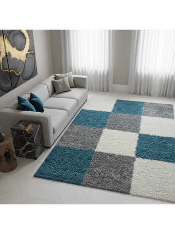 KADIMA DESIGN Teppich Hochflor Shaggy Waschbar Karo RHEIN Strapazierfähig in Türkis
