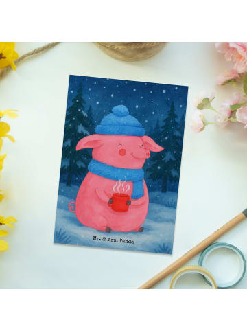 Mr. & Mrs. Panda Postkarte Schweinchen Glühwein Design ohne Spruch in Weiß