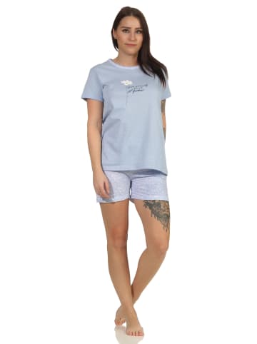 NORMANN Shorty Schlafanzug Pyjama kurzarm Blümchen Design in blau