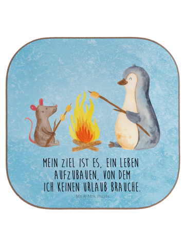 Mr. & Mrs. Panda Bierdeckel Pinguin Lagerfeuer mit Spruch in Eisblau