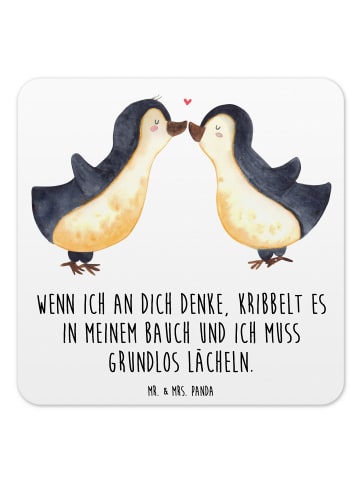 Mr. & Mrs. Panda Glasuntersetzer Pinguine Kuss mit Spruch in Weiß