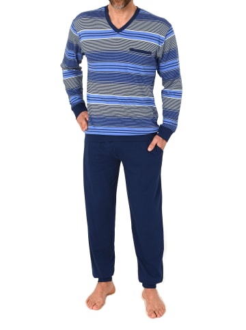 NORMANN Langarm Schlafanzug Pyjama Bündchen Streifen auch in Übergröße in blau