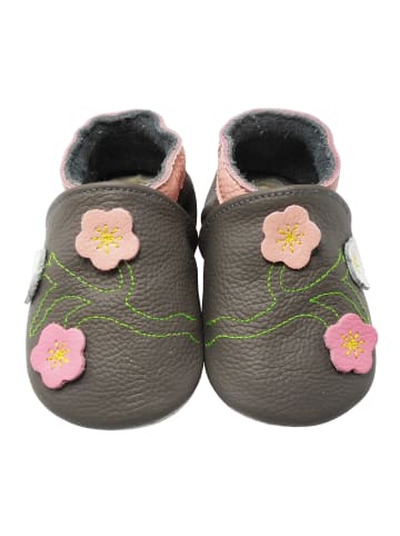 Yalion Babyschuhe aus Leder mit rutschfester Sohle – Grau mit Blumenmuster