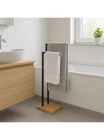 relaxdays Handtuchhalter in Schwarz/ Natur – (B)38,5 x (H)80,5 x (T)19,5 cm