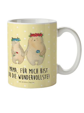 Mr. & Mrs. Panda Mehrwegbecher Bären mit Blumenkranz mit Spruch in Gelb Pastell