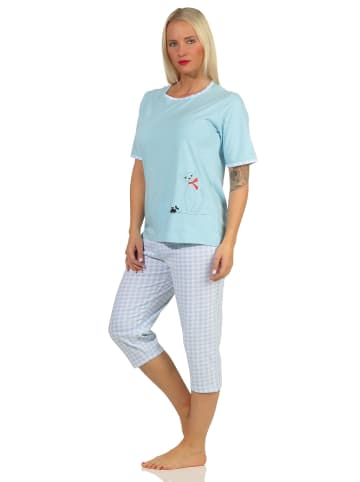 NORMANN kurzarm Capri Schlafanzug Katzen und lang Karo Jersey Hose - 66215 in hellblau