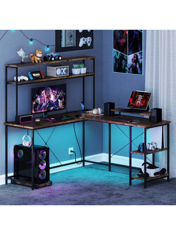 COSTWAY L-förmiger Gaming Schreibtisch mit LED in Braun