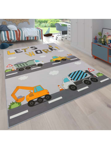 KADIMA DESIGN Kinderteppich waschmaschinenwaschbar Baustellenfahrzeuge Kinderzimmer in Grau