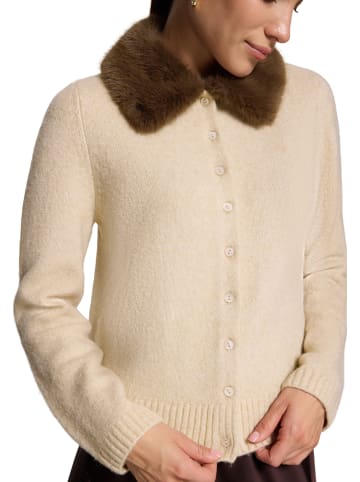 Zero  Casual-Strickjacke mit Kunstfellkragen in Dark Cream Melange