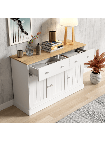 ABRIHOME Sideboard in Weiß mit geprägter Textur 120x36 cm Holzoptik 3 Türen 2 Schubladen