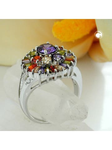 Gallay Ring 18mm lila Glasstein mit vielen bunten Glassteinen rhodiniert Ringgröße 56 in silber