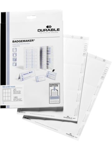 Durable Einsteckschilder für Namensschilder I+K+L Karton BxH 60x90mm weiß Packung mit 180 Stück