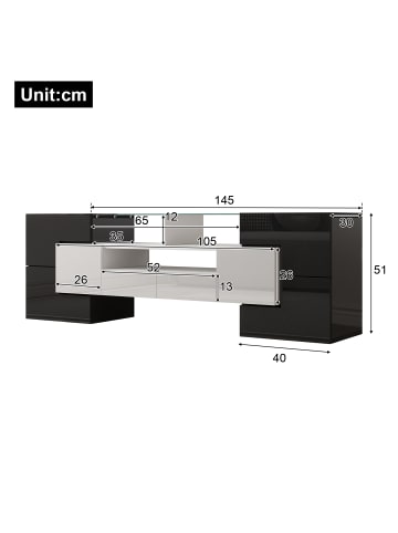 ABRIHOME TV-Schrank in Schwarz Hochglanz 145 cm mit LED Beleuchtung und Glasoberfläche