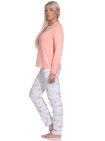 NORMANN Schlafanzug Langarm Pyjama Flamingo und Knopfleiste am Hals in apricot