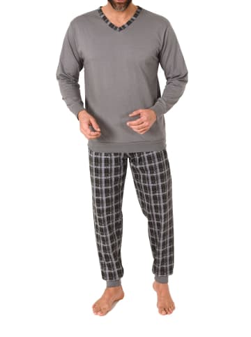 NORMANN Langarm Schlafanzug Bündchen und karierter Jersey Pyjamahose - 86159 in grau