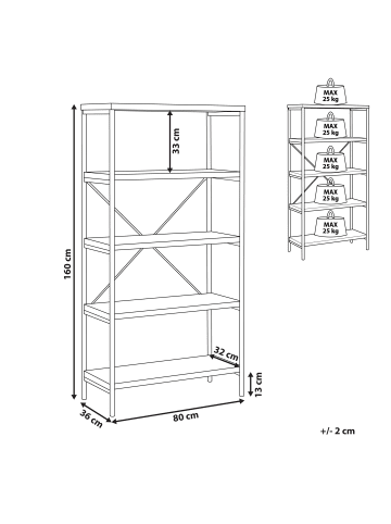 Beliani Bücherregal BRISBANE in Braun/Schwarz - (W) 80 x (H) 160 x (L) 36 cm