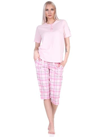 NORMANN kurzarm Schlafanzug karierter CapriHose Jersey in rosa