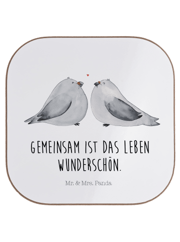 Mr. & Mrs. Panda Glas-Untersetzer Tauben Liebe mit Spruch in Weiß