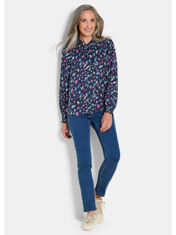GOLDNER Elegante Satinbluse mit Smok-Details in marine / smaragd / gemustert