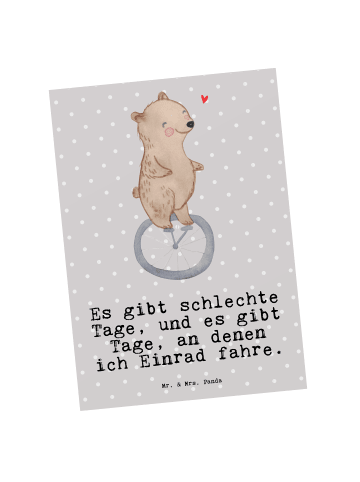 Mr. & Mrs. Panda Postkarte Bär Einrad fahren mit Spruch in Grau Pastell