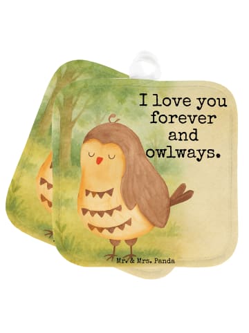 Mr. & Mrs. Panda Topflappen Eule Zufrieden Design mit Spruch in Weiß