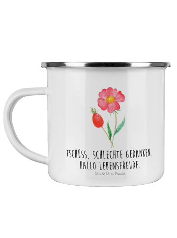 Mr. & Mrs. Panda Camping Emaille Tasse Blume Hagebutte mit Spruch in Weiß