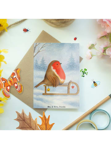 Mr. & Mrs. Panda Grußkarte Rotkehlchen Schlitten Design ohne Spruch in Weiß