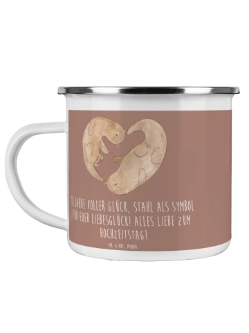 Mr. & Mrs. Panda Tasse 11. Hochzeitstag Stahlhochzeit mit Spruch in Braun Pastell