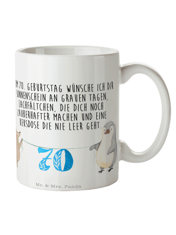 Mr. & Mrs. Panda Tasse 70. Geburtstag Maus Pinguin mit Spruch in Weiß