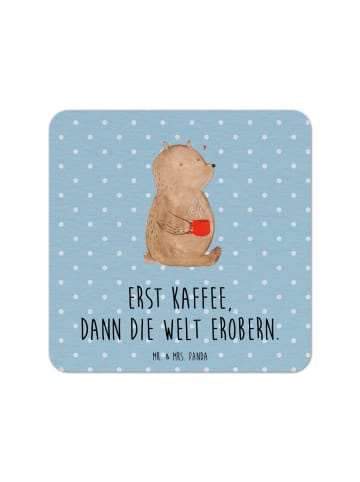Mr. & Mrs. Panda Tassenuntersetzer Bär Kaffee mit Spruch in Blau Pastell