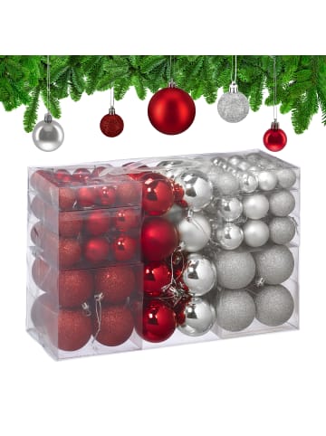 relaxdays 100-tlg. Weihnachtskugeln Set in Silber/ Rot