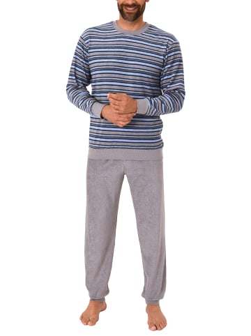 NORMANN Frottee Pyjama langarm Bündchen Streifen - 49642 in grau/blau