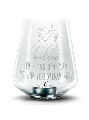 Mr. & Mrs. Panda Graviertes Windlicht Pinguine Kuscheln mit Spruch in Transparent