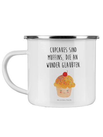 Mr. & Mrs. Panda Camping Emaille Tasse Cupcake mit Spruch in Weiß