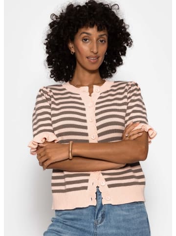 SASSYCLASSY Gestreifte Kurzarm-Strickjacke mit Volants in Rosa