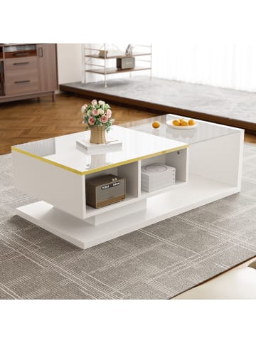 ABRIHOME LED Couchtisch mit Glasplatte und LED-Beleuchtung in Hochglanz-Weiß 