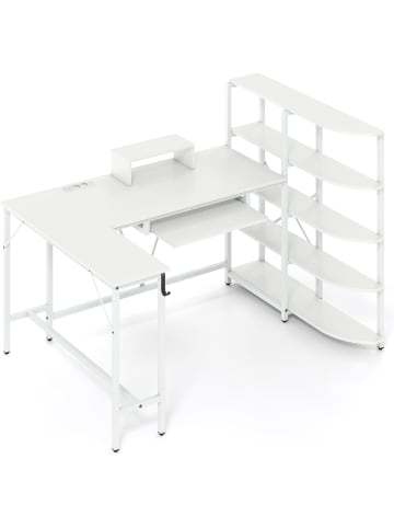 COSTWAY Schreibtisch L-Form mit Ladestation & Bücherregal in Weiß