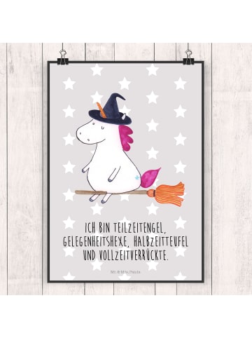 Mr. & Mrs. Panda Poster Einhorn Hexe mit Spruch in Grau Pastell