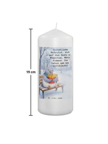 Mr. & Mrs. Panda Kerze Taube Winter Pommes Design mit Spruch in Weiß