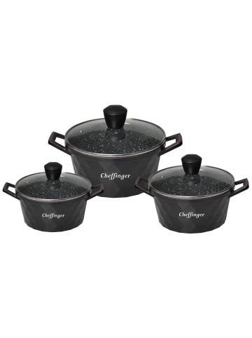 Cheffinger 3er-Set Aluguss Kochtopf mit Glasdeckel in Schwarz