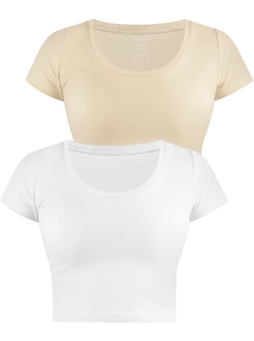 Janice 2 x Damen crop T-Shirt Nantes in Beige/Weiß